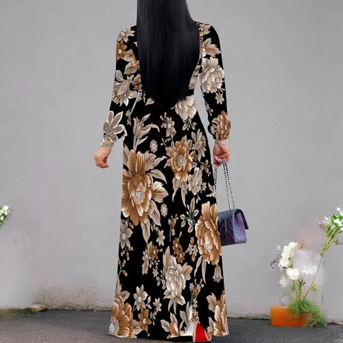 Image of Women Plus Size Long Sleeve V Neck Maxi Dress with Belt | Soft fabric relaxed fit three quarter sleeve v neck with pockets for party and daily wear