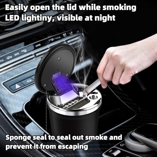 Image of Car Ashtray Smell Proof with Lid,Smokeless Ashtray for Car cup holder with Carbon Fiber Pattern, Portable Ash Tray Ceramic Inner Wall with LED, Men's Gift for Travel, RV,Outdoor,Home