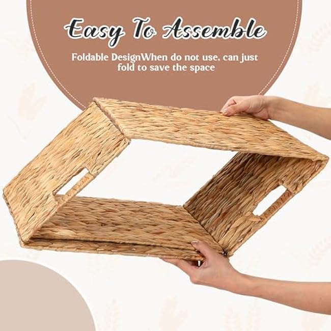 Layhit 4 Pcs Wicker Storage Basket Water Hyacinth Handwoven Baskets with Handles Foldable Woven Organizer Multipurpose Wicker Storage Bins for Bedroom Living Room(16 x 11 x 11'',Natural)