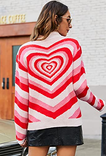 Angashion Women's Pullover Sweaters Casual Heart Printed Mock Neck Long Sleeve Color Block Knit Y2K Sweater Tops Red Medium - Image 6