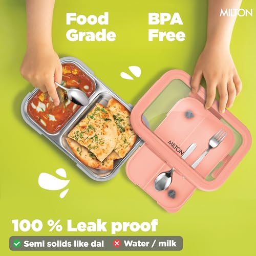Image of MILTON Ethan 2 Inner Stainless Steel Tiffin Box for School, 2 Partition, Steam Release Plug | PU Insulated, Leak-Proof, Food Grade I Lunch Box for Kids Boys, Girls with Snap Lock Lid, 650 ml, Peach