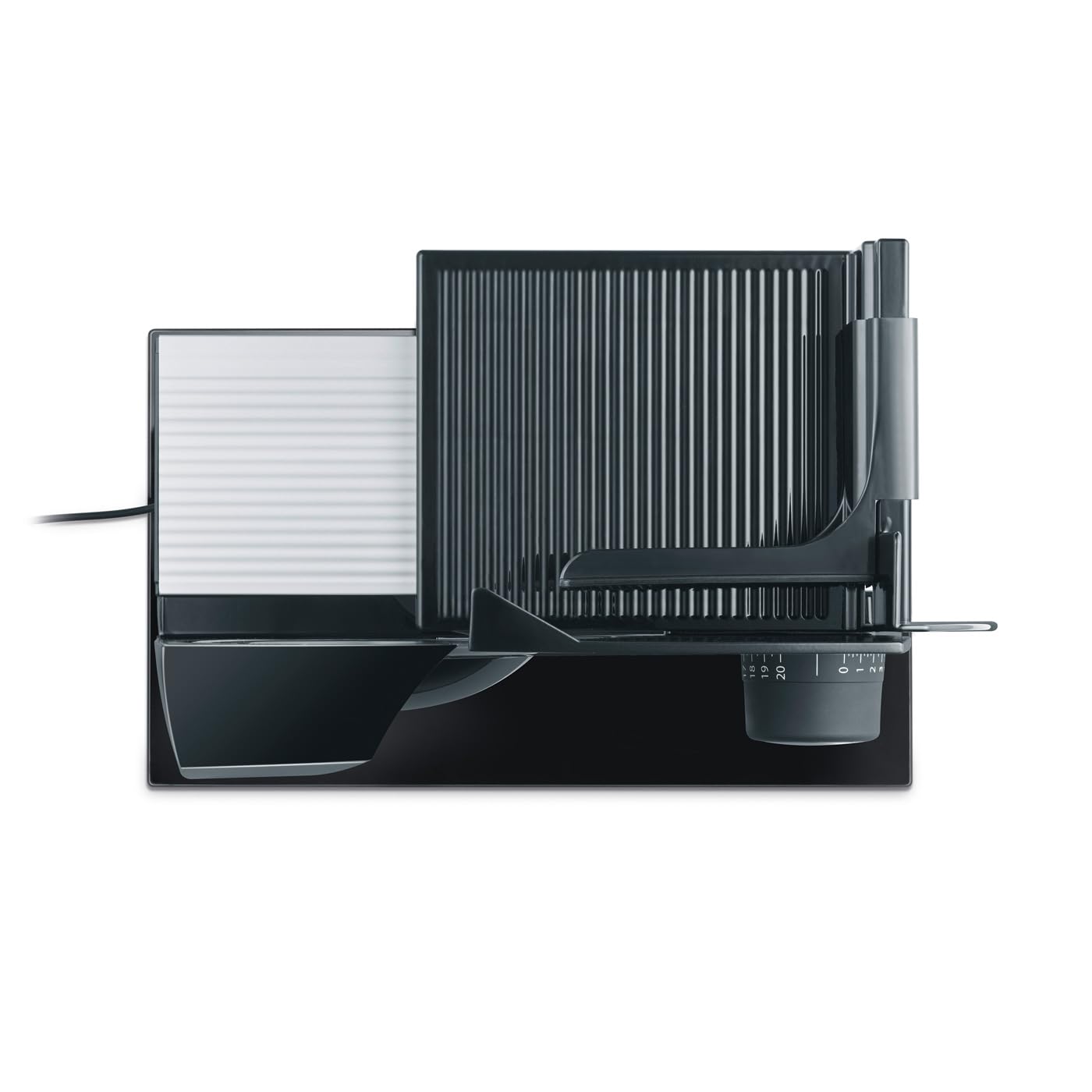 GRAEF Affettatrice STYLE S12002 nera, lama seghettata inox, taglio regolabile 0-20 mm, piastra vetro, blocco sicurezza, pulizia facile