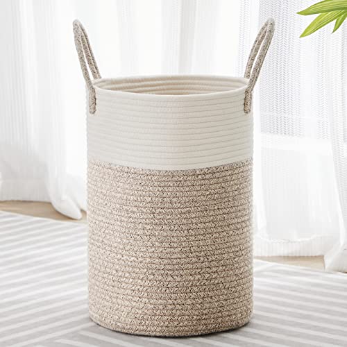 Image of VIPOSCO Tall Laundry Hamper, Woven Rope Storage Basket for Blanket, Toys, Dirty Clothes in Living Room, Bathroom, Bedroom - 30L White & Brown
