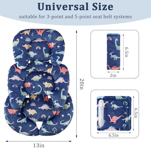 Image of Infant Car Seat Insert Cushion, Super Soft Baby Car Seat Head Support & 2 Straps Pads, Reversible Preemie Newborn Carseat Insert, Fit Car Seat, Stroller, Infant Bouncer, Blue Dinosaur