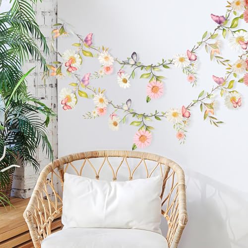 Image of SUNBEAUTY Garden Party Flower Banner Reusable Wildflower Garland for Enchanted Garden Woodland Tropical Theme Wedding Baby Shower Birthday Tea Supplies Girl Decorations - 2 Pcs