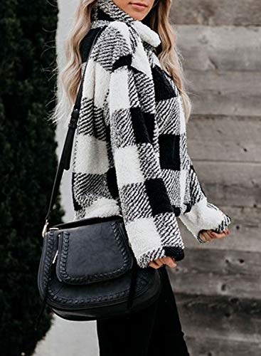 Chase Secret Women's Plaid Long Sleeve Zipper Sherpa Fleece Sweatshirt Pullover Jacket Coat with Pockets Black Medium