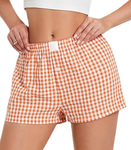 Image of Women Pajamas Shorts Y2k Elastic Waist Plaid Boxer Shorts Cute Gingham Sleep Lounge Bottoms