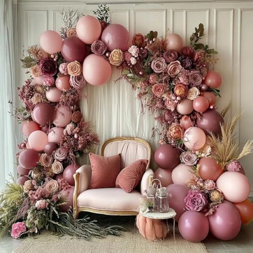 Image of Dusty Rose Pink Balloon Garland Arch - Double Stuffed Dark Pink Balloons For Valentines Birthday Baby Shower Boho Bridal Shower Wedding Party Decorations