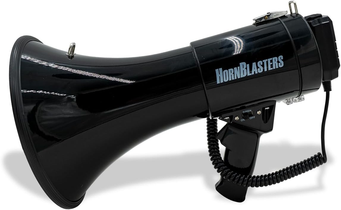 HornBlasters 100 Watt Megaphone with Sirens & Bluetooth Audio – Police & Air Raid Sirens, Bluetooth + USB, Record & Loop Playback, Rechargeable Battery, Shoulder Strap Included