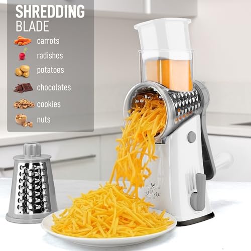 Image of Zulay Kitchen Rotary Cheese Grater 5 Blade Cheese Shredder - Manual Hand Crank Cheese Grater With Reinforced Suction & 5 Interchangeable Drums - Easy to Use, Vegetable Chopper Round Mandoline Slicer