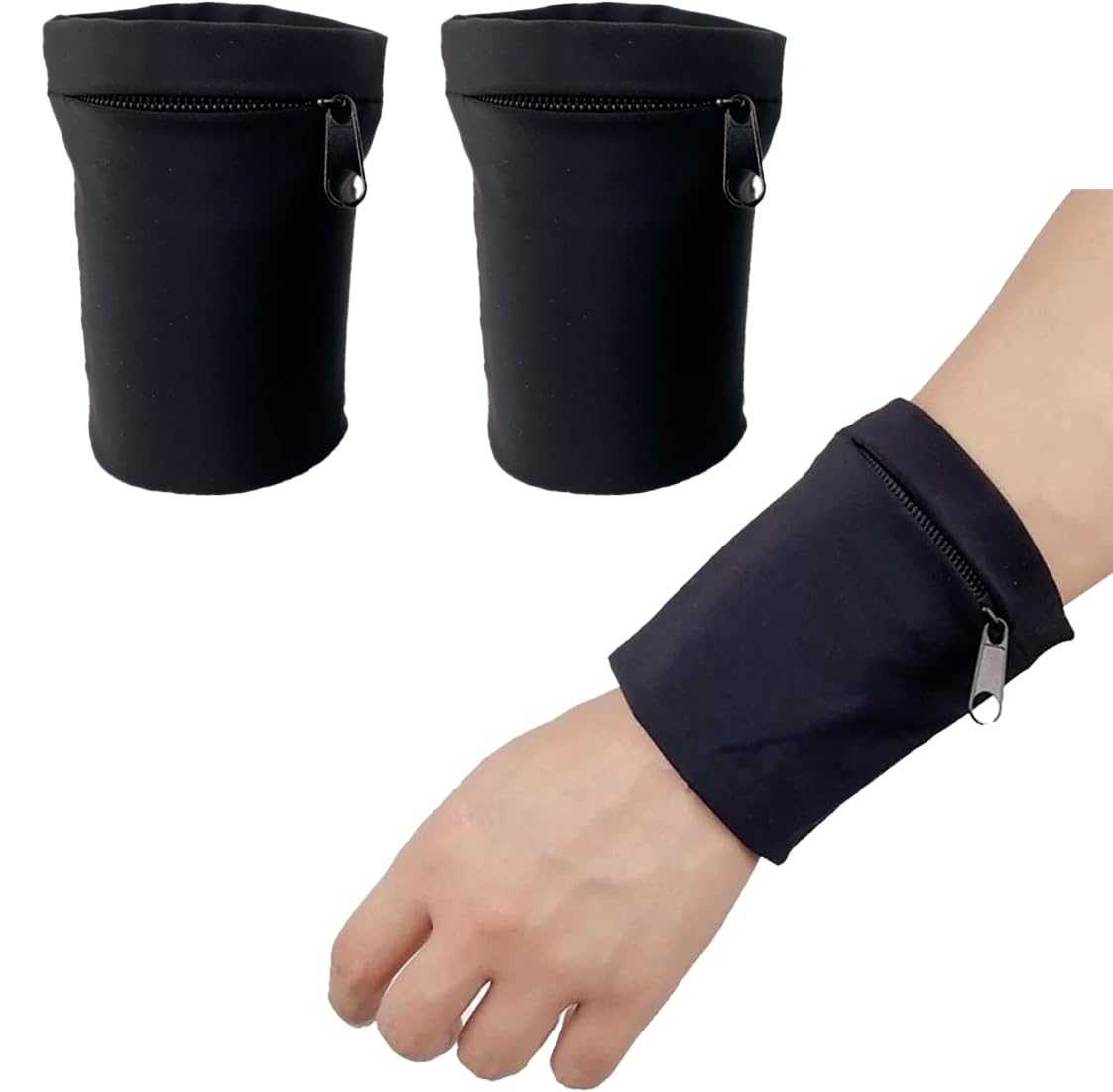 2 Pcs Black Elastic Wrist Sweat Bands with Zipper, Outdoor Sports Lightweight Wallet Wristband for Women Men Running, Hiking Workout, Small Storage Bags Fit Key Cards and Small Items