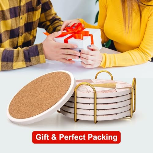 Image of Modern Wood Coasters with Holder Absorbent Drink Coaster Set of 6 Pink Golden Wood Cup Coasters Gift Decorative Coffee Table Coasters Cute Bar Coaster Beverages Tea Cork Coasters