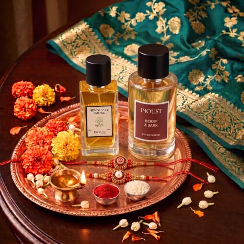 Image of PROUSTFRAGRANCES Berry & Bark Perfume 100ml Rakhi Fragrance Gift Set | Hennessey Smoke EDP 50ml, 2 Rakhis & 1 Fragrance Tester included | Premium festive combo with bold fruity & woody notes