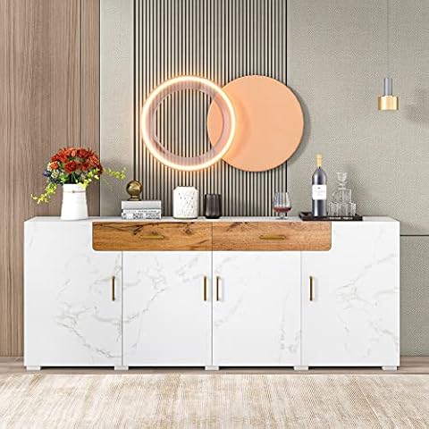 Merax Sideboard Aufbewahrungsschrank, Moderne Anrichte mit 4 Türen und 2 Schubkästen, Lagerschrank Beistellschrank mit Viel Stauraum, Buffets für Esszimmer Wohnzimmer Küche Cover