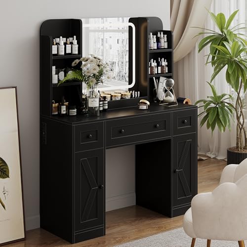 Alunaune Makeup Vanity Desk with Mirror and LED Lights,Power Outlet Vanity Table with Charger...