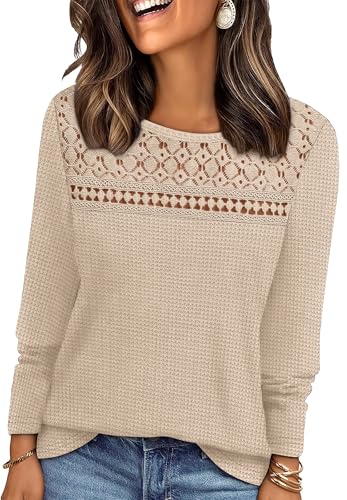 WIHOLL Womens Lace Long Sleeve Shirts Fall Tops Fashion Dressy Casual Lightweight Sweaters Mesh Clothes Trendy Waffle Knit