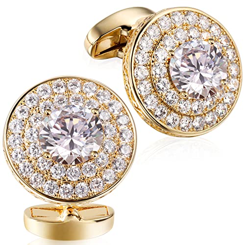 Image of HAWSON Cufflinks for Men, Gold Diamond Crystal Cufflinks for Groom Husband Personalized Gifts, Mens Formal Wedding Business Cufflinks, Luxurious Gorgeous Cuff Links French Shirt Accessories