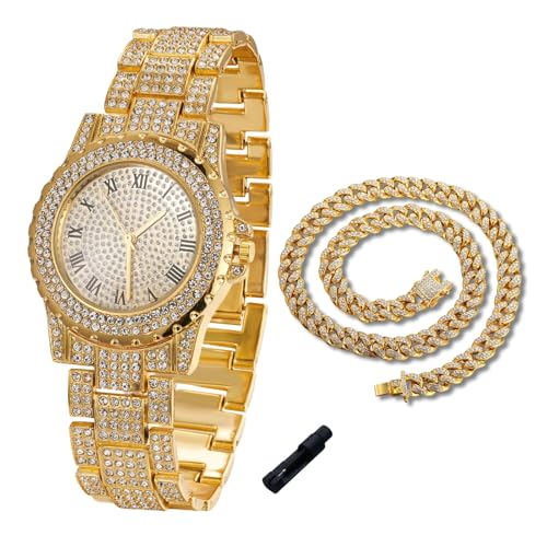 Halukakah Diamonds Gold Watch Iced Out for Boy Teens Kids - 18K Real Gold/Platinum Plated, 39mm Round Dial, Japanese Quartz - 7.5