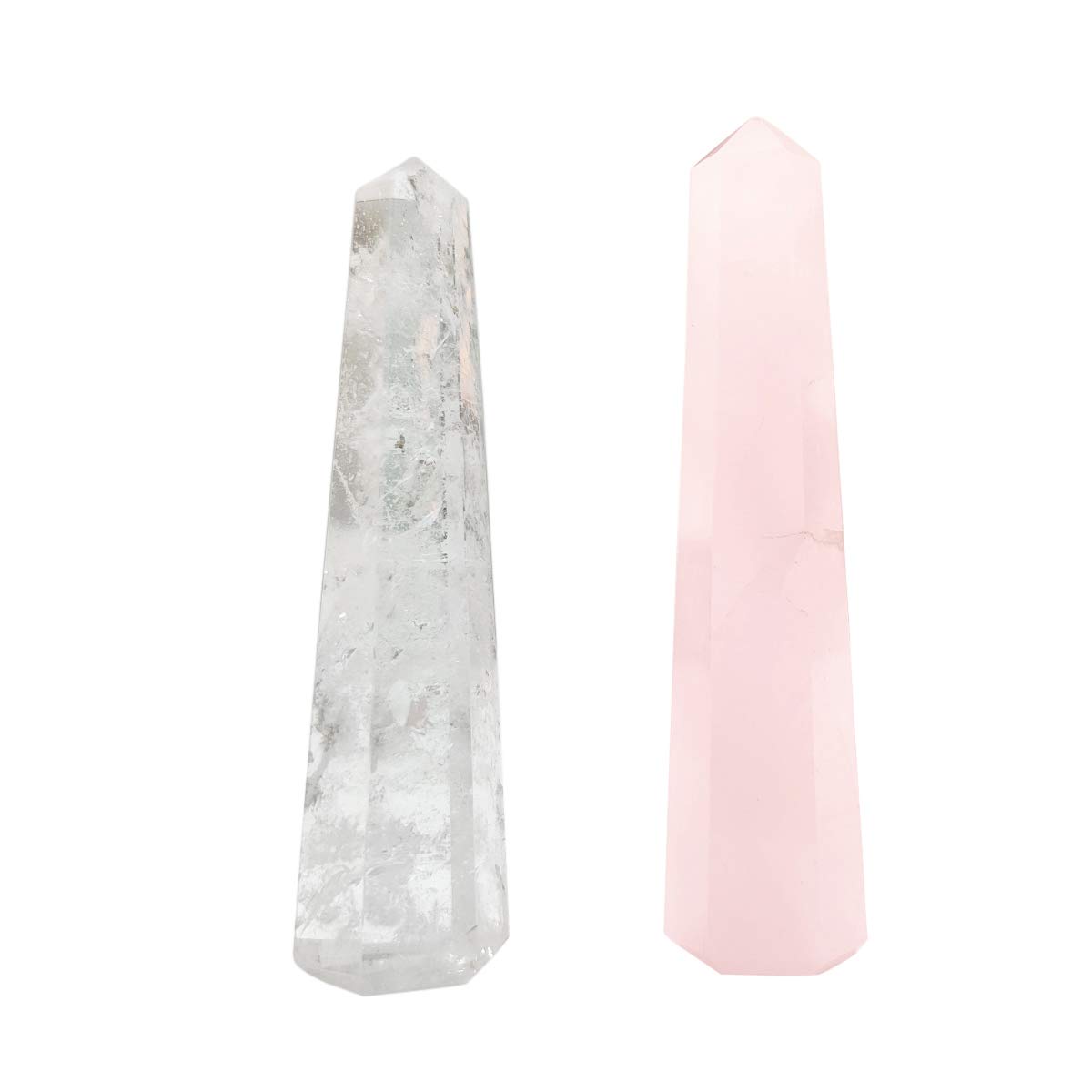 Shubhanjali Feng Shui Shiv Shakti Crystal Pair 7 CM Clear Quartz Rose Quartz Crystal Pencil Tower Pair | Crystal Faceted Point Pencil Pair for Vastu Reiki Healing