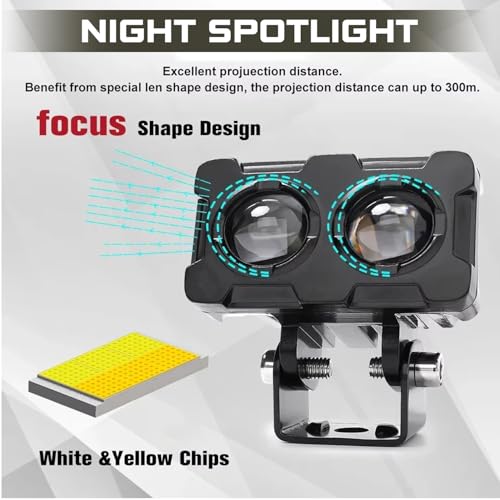 Image of OTO2EYE Super Bright LED Fog Light Lens Projector, Dual Colour White and Yellow, Triple Mode, For Motorbikes, Cars, Scooties, ATVs (White, Pack of 2)