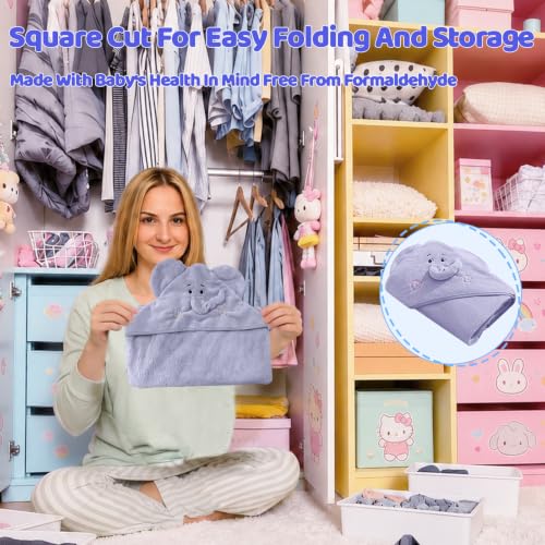 Image of Hooded Baby Towel- Large Baby Towel with Hood(31.5 x 31.5 Inch), Natural toddler towels,Ultra Soft and Absorbent Coral Velvet Coral Fleece Bath Towel for Infants, Newborns, Toddlers (Elephant - Blue)
