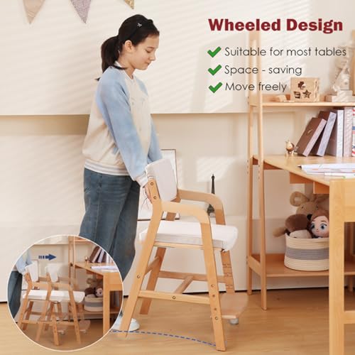 Image of Swegrow Wooden High Chair with 2 Wheels, Adjustable Seat - Backrest - Footrest Heights, Wooden High Chair for Toddlers - Kids and Baby, Kids Dining Chair with Removable Cushion(Beige)