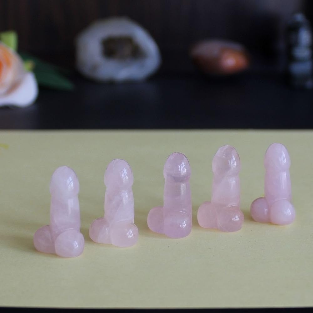 5pcs Mini Carved Rose Quartz Crystal Gemstone Man genital Penis Testicle Figurine Statue Heart Lovely Pocket Stone Lover Gift 1''