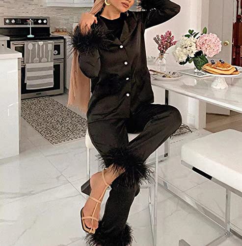 Womens Blazer Set Long Sleeved Lapel Blazer+ High Waist Wide Leg Pant Cuff Feather Trim2