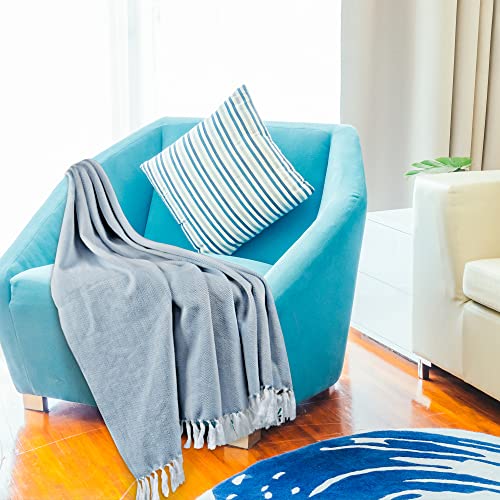 Urban Villa Throw Blanket With Fringes For Couch Bed Made Of 100% Cotton 50"X60"- Blue/White #TOP3
