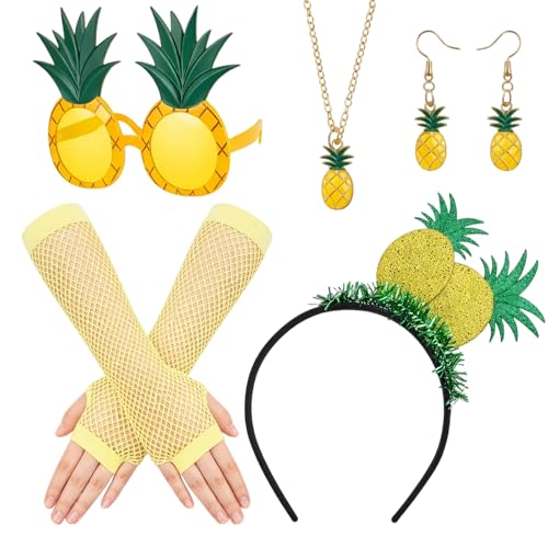 DvBCNMe 7 Stück Ananas Kostüm Ananas Kostüm Damen Mit Ananas Haarreif und Ananas Brille Gelbe Netzhandschuhe Halskette und Ohrringe für Hawaii Partys Halloween Und Karneval Cosplay
