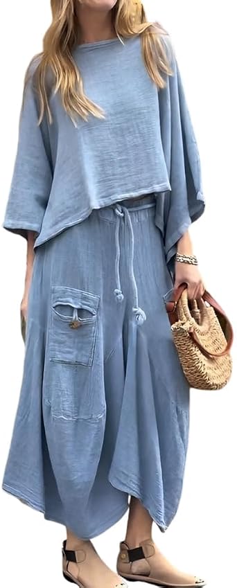 Womens Summer Cotton Gauze Skirt 2 Piece Sets Outfits Batwing Sleeve Top Elastic Waist Maxi Dress Sets with Pockets