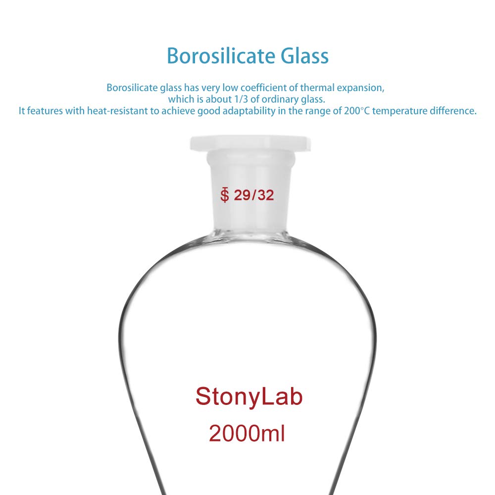 stonylab Imbuto Separatore Conico in Vetro Borosilicato Pesante con Giunti 29/32 e Rubinetto di Chiusura in PTFE Conical Separatory Funnel, 2000 ml