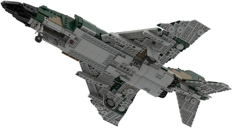 Underside view of the F-4 Phantom II model, showing the intricate block construction and landing gear.