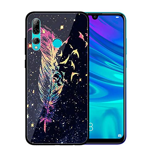Urhause Tempered Glass Cover Compatible with Huawei Enjoy 9S Case Glossy Mirror Case Ultra Thin Starry Sky Hard Cover Feather Tempered Glass + Soft Silicone Skin Cover Bumper Anti-Scratch Cover