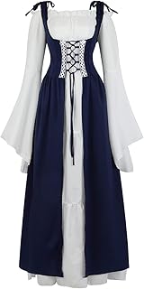 Lehauya Womens Renaissance Costume Medieval Irish Over Dress and Trumpet Sleeves Chemise Boho Set