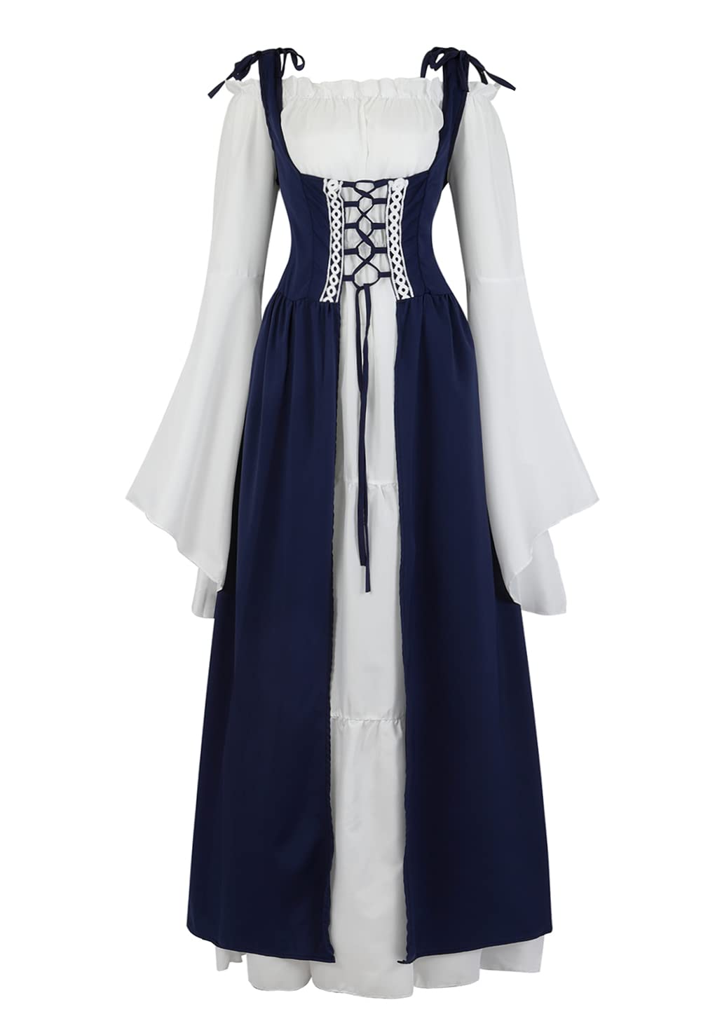 Womens Renaissance Dress Costume with Bell Sleeves and Lace Up Front
