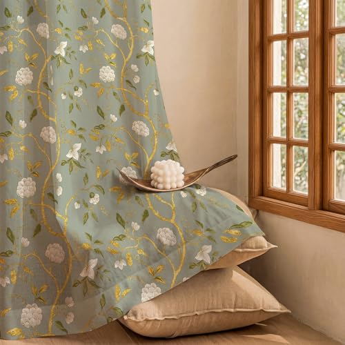 Image of Urban Space 100% Cotton Curtains with Gold Foil Print | Upto 60% Light Blocking Window Curtain 5 feet I Set of 2 Decorative Curtains with Eyelets and Tieback (Zari Baagh Sage Green Gold - 5 feet)