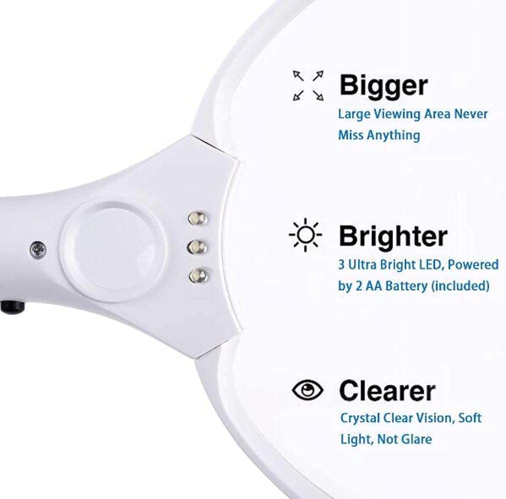 Loupe, loupe de poche avec 3 lumières LED, grossissement extra large de 135 mm, grossissement 2x, 4x, 25x : éclairée pour les personnes âgées, basse vision