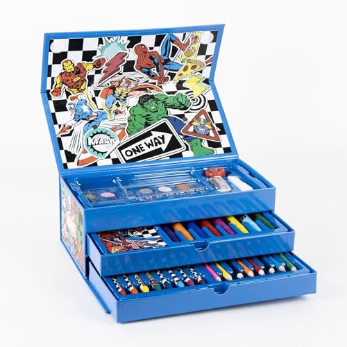 Conjunto de Papelaria Marvel Avengers 50 Peças com Estojo Infantil, Lápis de Cor, Marcadores e Acessórios de Desenho - Kit Criativo de Papelaria Avengers com Design de Super-Heróis