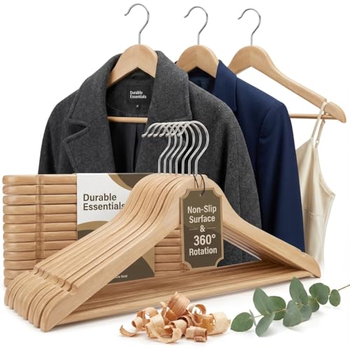 Durable Essentials Plastic Hangers – Pack of 20 Slim, Heavy-Duty, Wood-Like Design with Non-Slip Surface, 360° Rotating Rust-Resistant Hook for Space-Saving