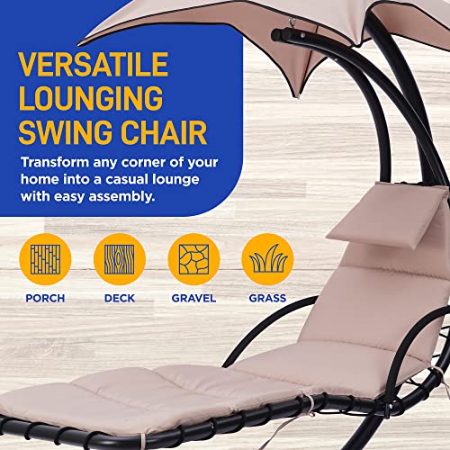 Outdoor Hanging Curved Steel Chaise Lounge Swing Chair W/A Built-In Pillow And Removable Canopy Uv Protection And Foam Covered Armrest #TOP5