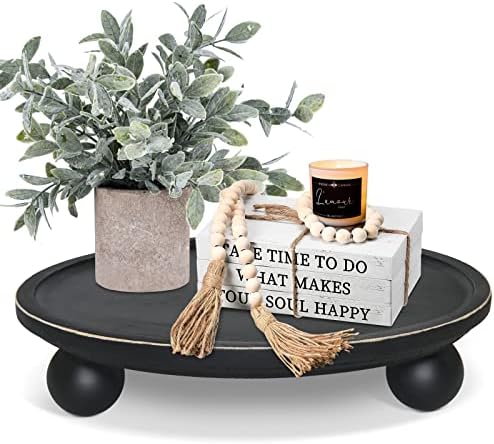 Farmhouse Wood Tray Risers for Display, Wooden Decorative Tray for Kitchen Decor, Pedestal Stand for Countertop, Round Wood Tray with Risers for Soap Dish on Risers, Footed Rustic Cake Stand(Black)