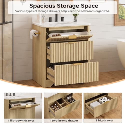 IRONCK 30" Bathroom Vanity with Ceramic Sink, Freestanding Bathroom Sink Cabinet with 2 Drawers & 1 Flip-Down Drawer, Wood Grain Texture, Farmhouse