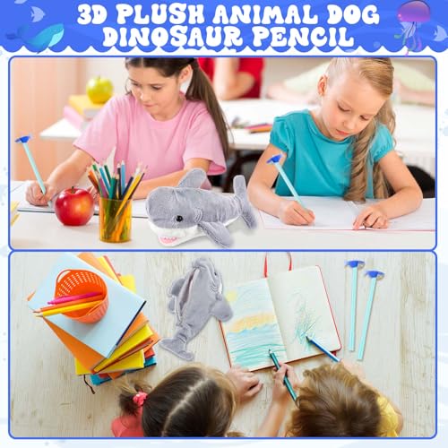 Image of 3 Pcs Grey Shark Pencil Pouch for Kids 3D Plush Animal Pencil Case with 2 Fun Pencils & 1 Soft Stationery Bag Ideal Birthday Gift for Boys and Girls, Back to School Supplies