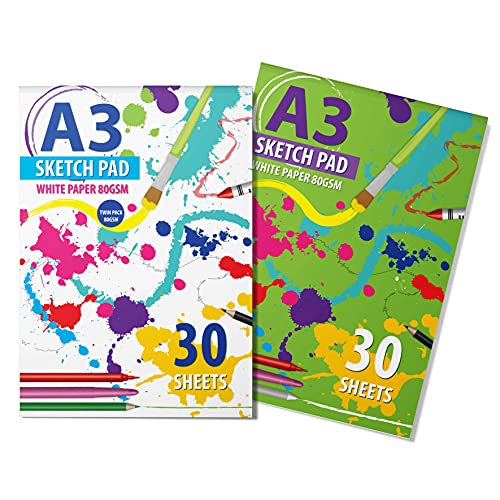G4GADGET 2 Packs of A3 Sketchbook Drawing Paper - Kids Coloring Book and Art Paper - Easy to Use Doodle Pad with 80 GSM 30 Sheets Each Total 60 Sheets Packaging May Vary