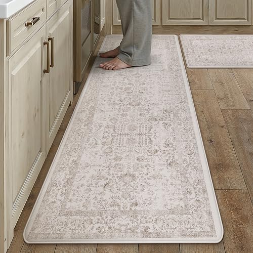 Kitchen Mats 2PCS Anti Fatigue Cushioned Mat Light Brown Vintage Kitchen Mats for Floor Waterproof Non Slip Comfort Standing Retro Floral Rug for Sink Laundry Office 17.3"x59"+17.3"x30" Acce