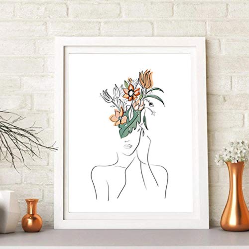 KRRFGHH Aquarelle Fleur Feuilles Plantes Affiche, Femme Abstraite Dessin Au Trait Art Imprime, Minimaliste Mur Art Toile Photos Peinture Décor-40X50 Cm,Posters Arts Décoratifs Cover