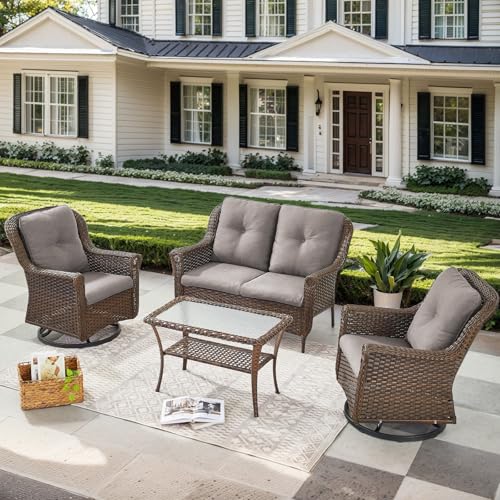 4 Pieces Patio Furniture Set-All Weather Wicker Rattan Swivel Patio Chairs Set of 2 with Patio Loveseat Outdoor Furniture for Patio Deck Porch Garden Backyard-Brown/Grey