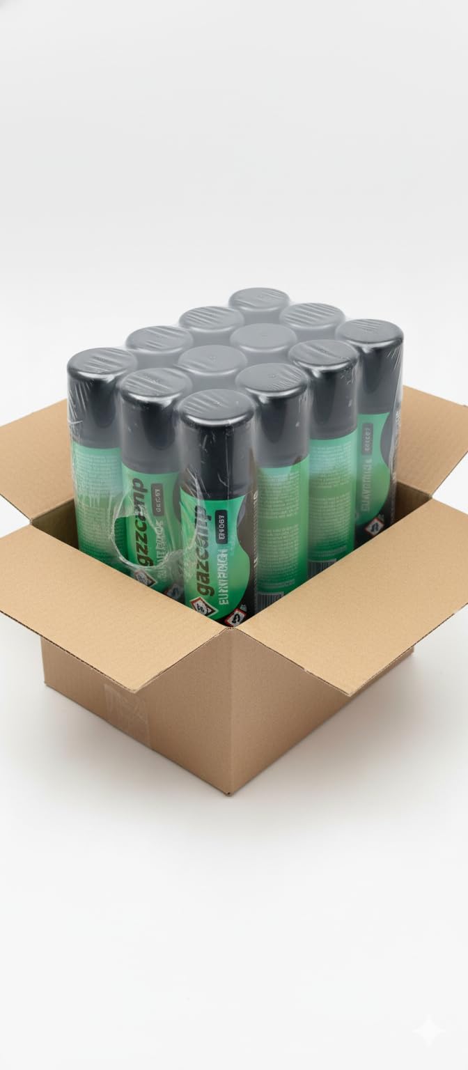 Gazcamp GC56 Feuerzeuggas 100 ml Reines Butan mit 5 Adapter Aufsätzen, Nachfüllgas für Feuerzeuge und Brenner, Schwarz (60 Kartuschen)