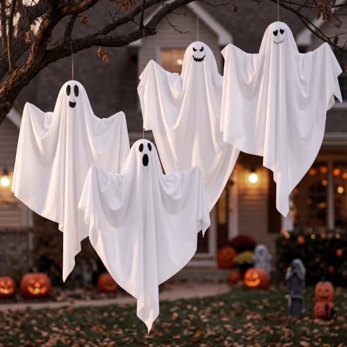Image of JOYIN 4 Pcs Halloween Party Decoration 27.5 inch Hanging Ghosts, Cute Flying Ghost for Front Yard Halloween Decorations Outdoor Party Decor and Holiday Decoration